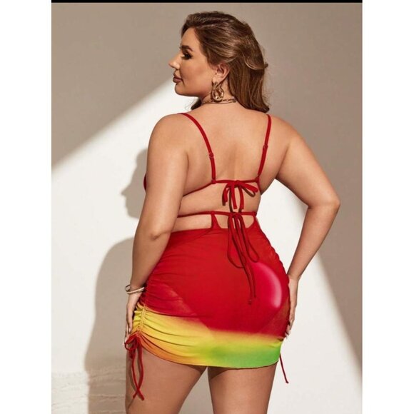 Three-Piece Plus Size Bikini & Cover-Up Set With Rainbow Gradient Print 3XL Shei - Picture 2 of 4